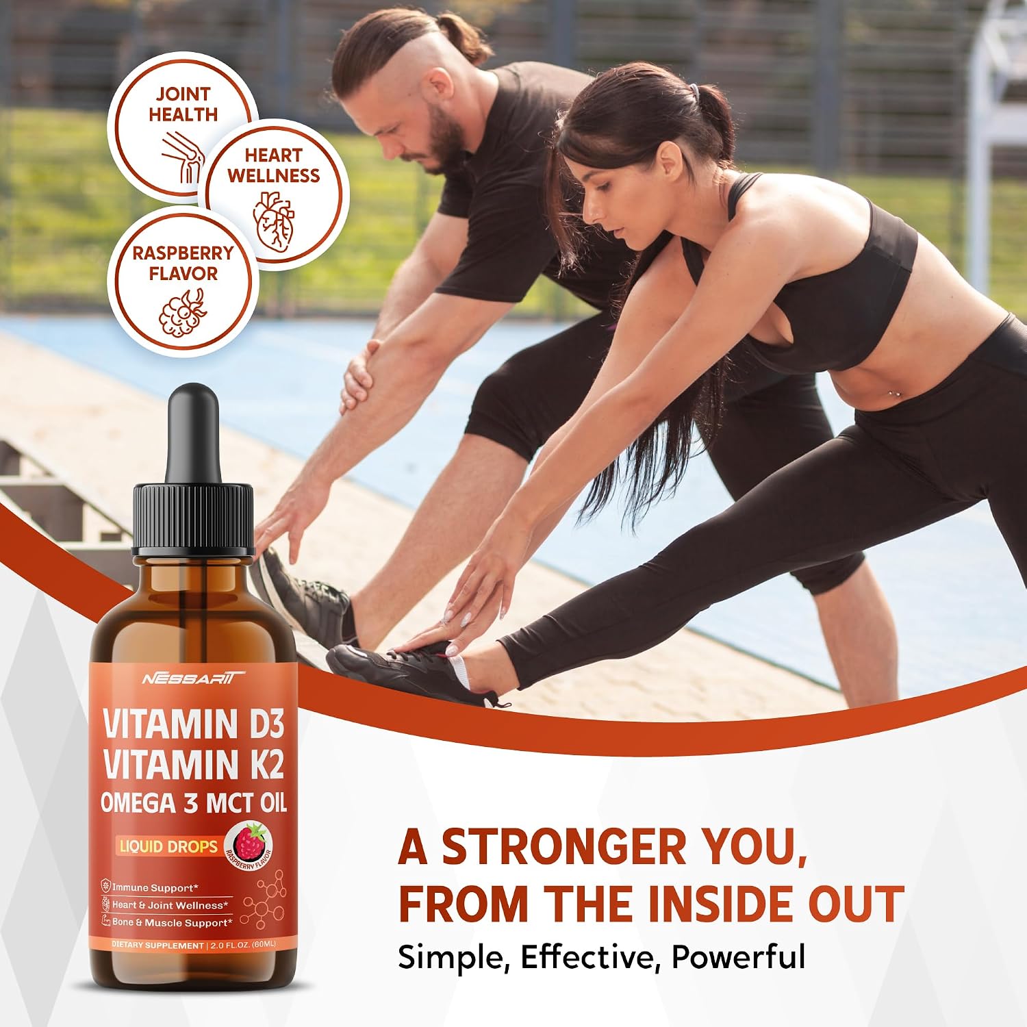 NESSARIT Vitamina D3 10.000 UI y K2 150 mcg Gotas Líquidas con Aceite MCT Omega 3 - Sabor Frambuesa - 60 ml