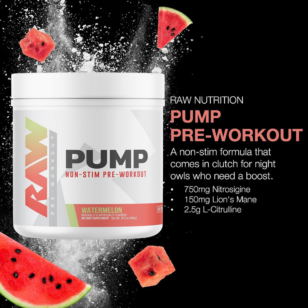 RAW Pump - Pre-Entreno Sin Estimulantes, Sabor Sandía (Watermelon), 40 Dosis