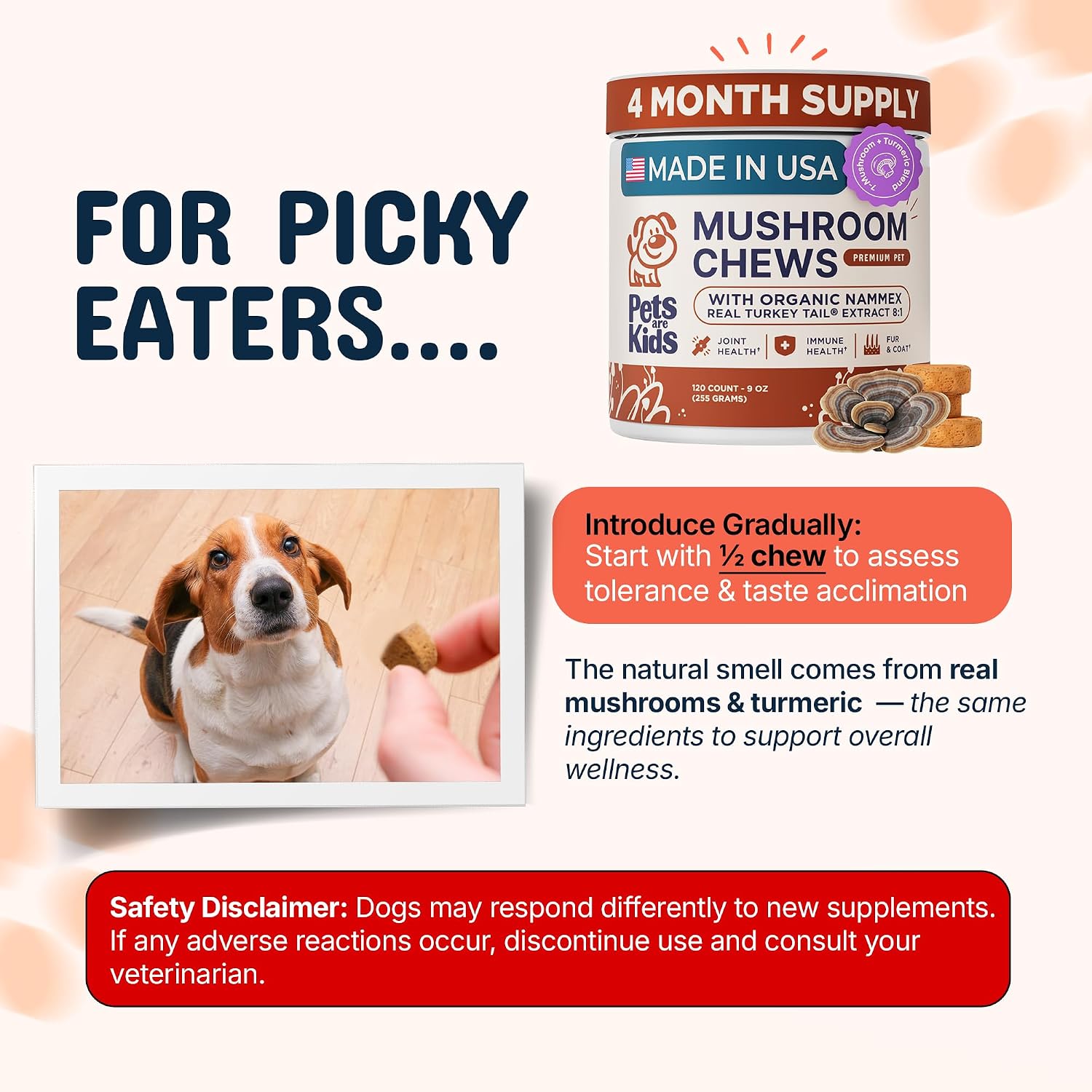 Pets are Kids Turkey Tail Mushroom for Dogs with Organic Real Turkey Tail™ - 8:1 Extract Mushroom Chews for Immune System Health, Gut, Skin & Joint Support - Reishi, Lion's Mane - 120 Chews