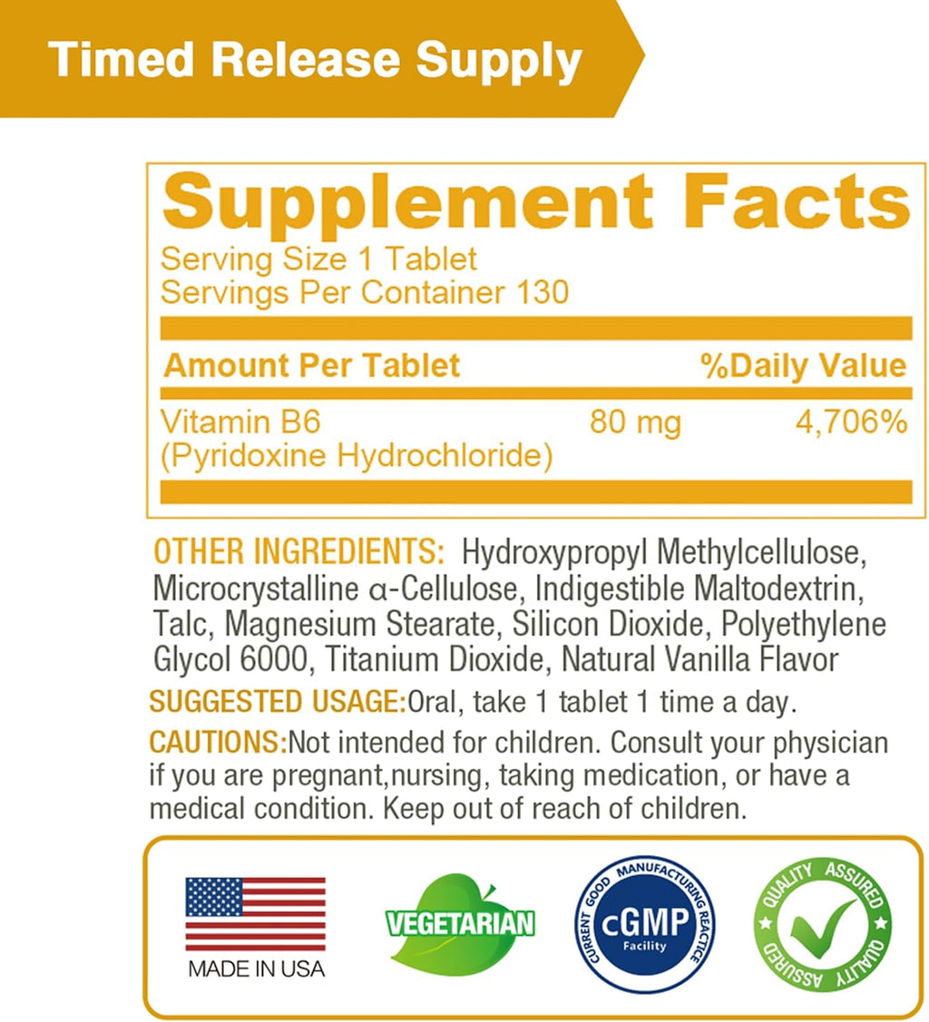 LOVITA Vitamin B6 (Clorhidrato de Piridoxina) 80mg, Liberación Prolongada 8 Horas, 130 Comprimidos Veganos