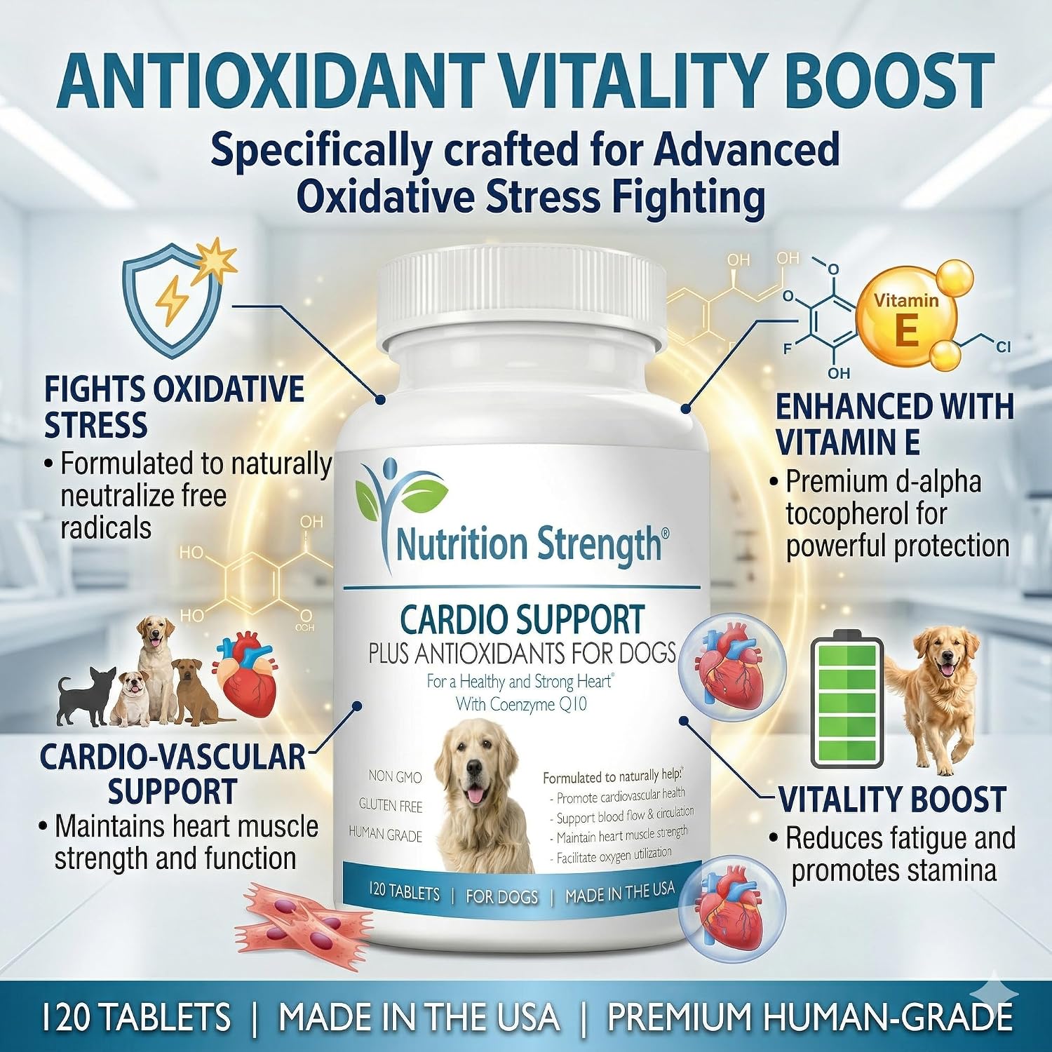 Nutrition Strength Cardio Support for Dogs with Antioxidants, L-Carnitine, L-Taurine, Coenzyme Q10 and Vitamin E, 120 Chewable Tablets