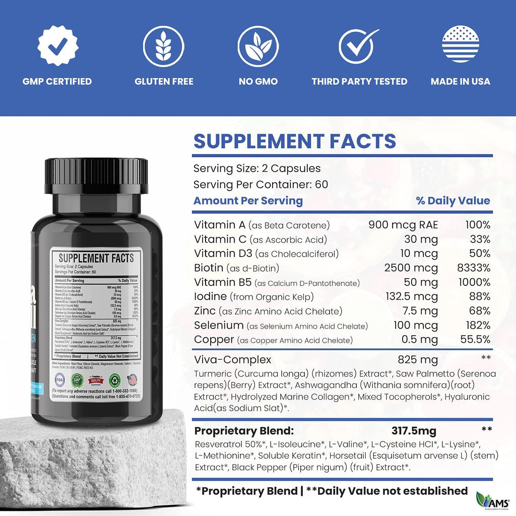 America Medic & Science VivaPill para Hombres (120 Cápsulas) - Suplemento para Cabello, Piel y Uñas con Biotina, Colágeno y Queratina