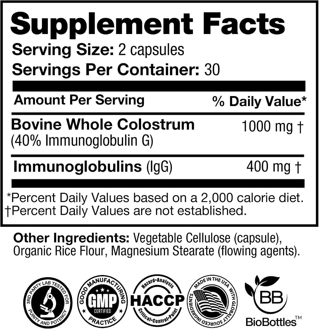 FeelGood Superfoods Calostro Bovino en Cápsulas - 2000 mg por Dosis - Salud Intestinal e Inmunidad - 60 Cápsulas