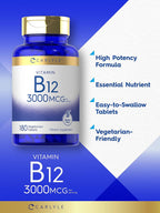 Carlyle Vitamina B12 3000 mcg, 180 Comprimidos Vegetarianos