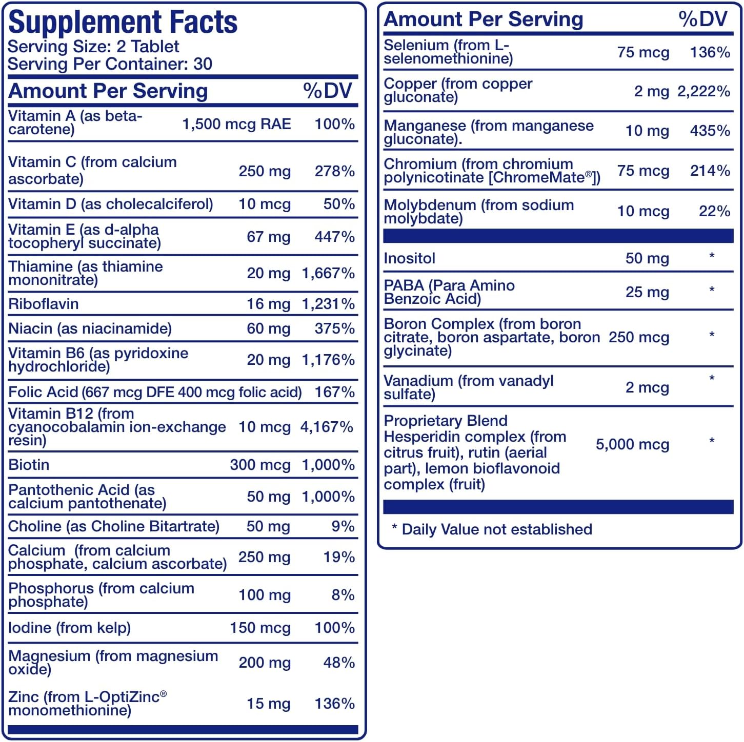 30-en-1 Multivitamínico para Adultos sin Hierro - Rico en Antioxidantes para Mayores de 50 Años - Hombres y Mujeres - 1 Mes de Suministro