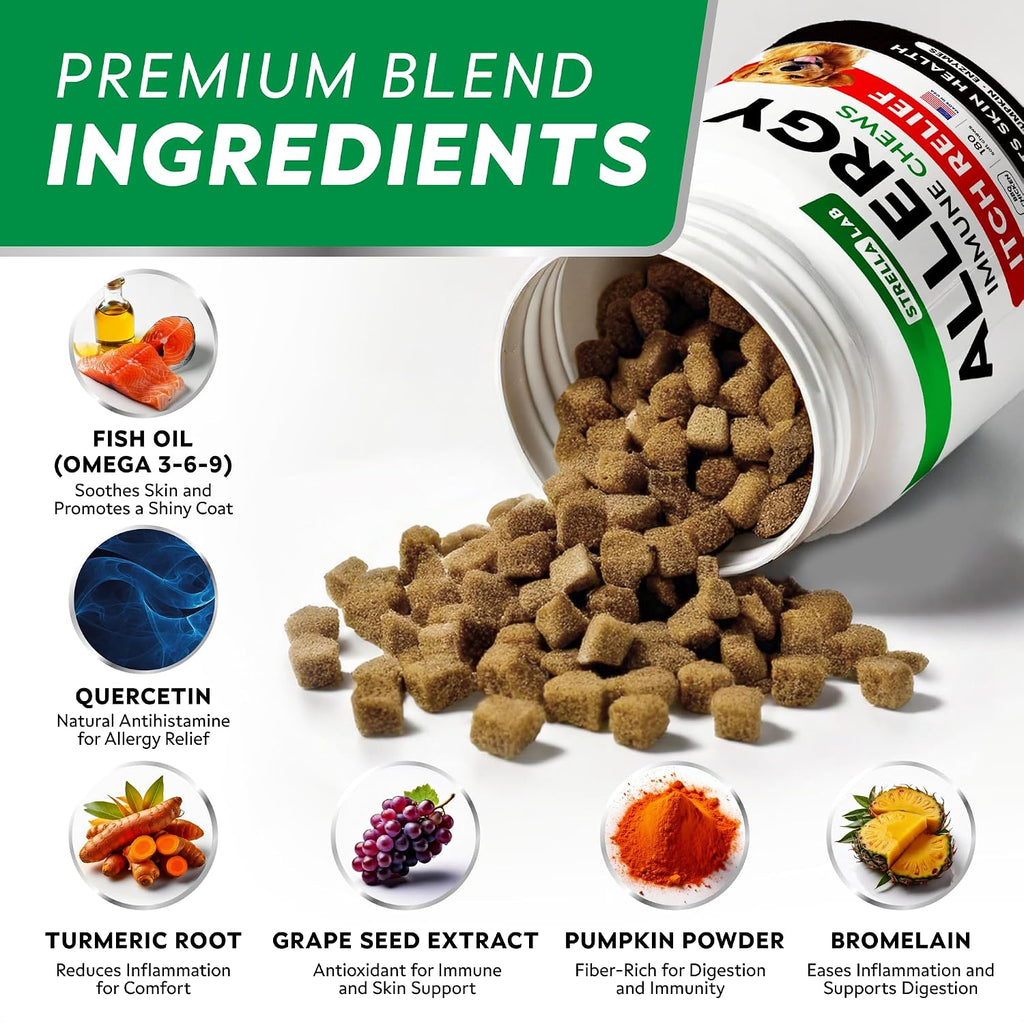 STRELLALAB Masticables para Alivio de Alergias y Picor en Perros con Omega 3: Apoyo para Piel y Pelaje con Aceite de Pescado, Calabaza y Enzimas para Perros y Gatos — Sabor Pollo BBQ - 180 unidades