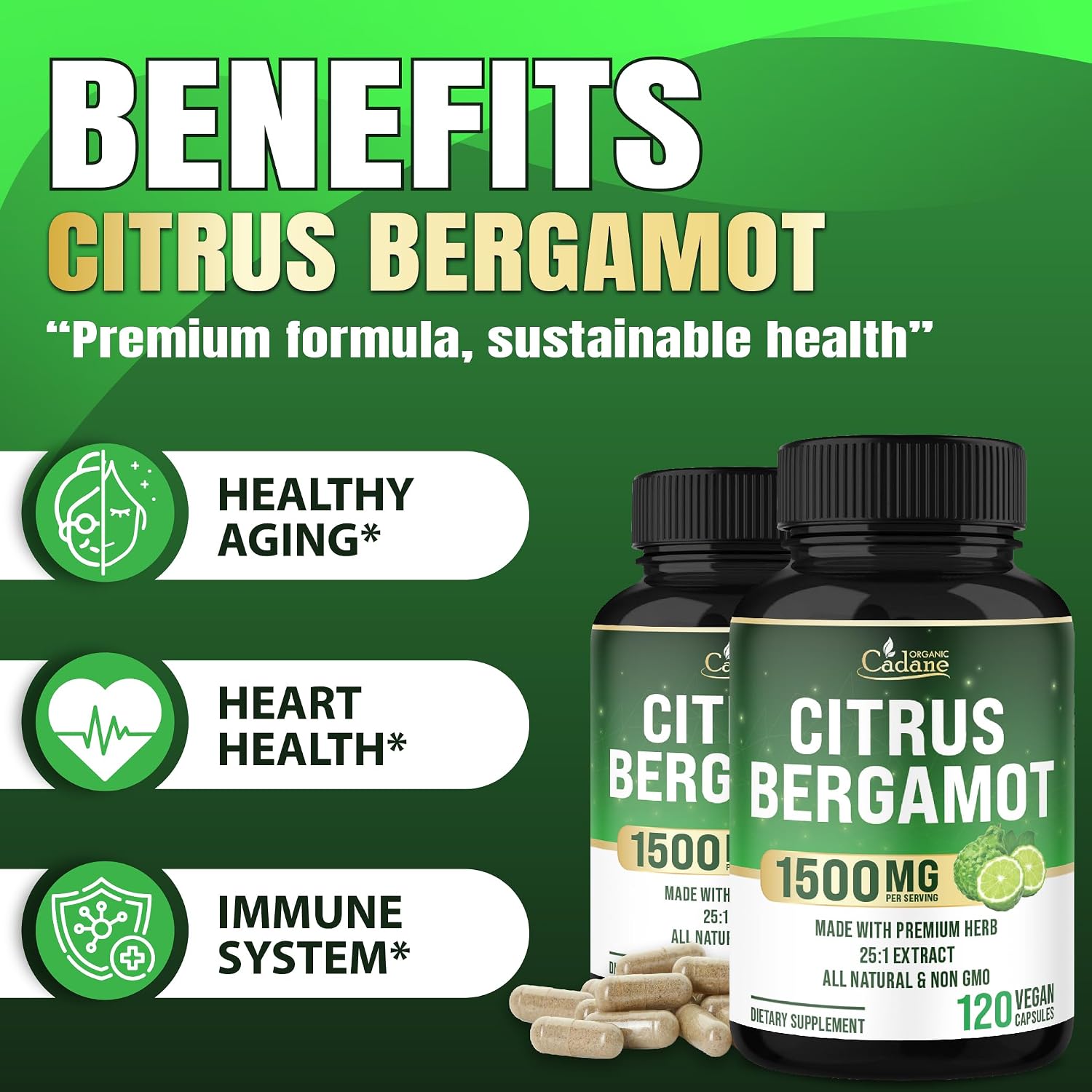 Cadane Citrus Bergamot Supplement | Heart & Immune System | Vegan, Non-GMO – 120 Cápsulas – 40 Días