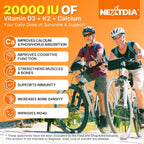 Nextdia Vitamina D3 20.000 UI + K2 (MK-4 y MK-7) 200mcg + Citrato de Calcio - Cápsulas blandas, 2 Paquetes (240 cápsulas)