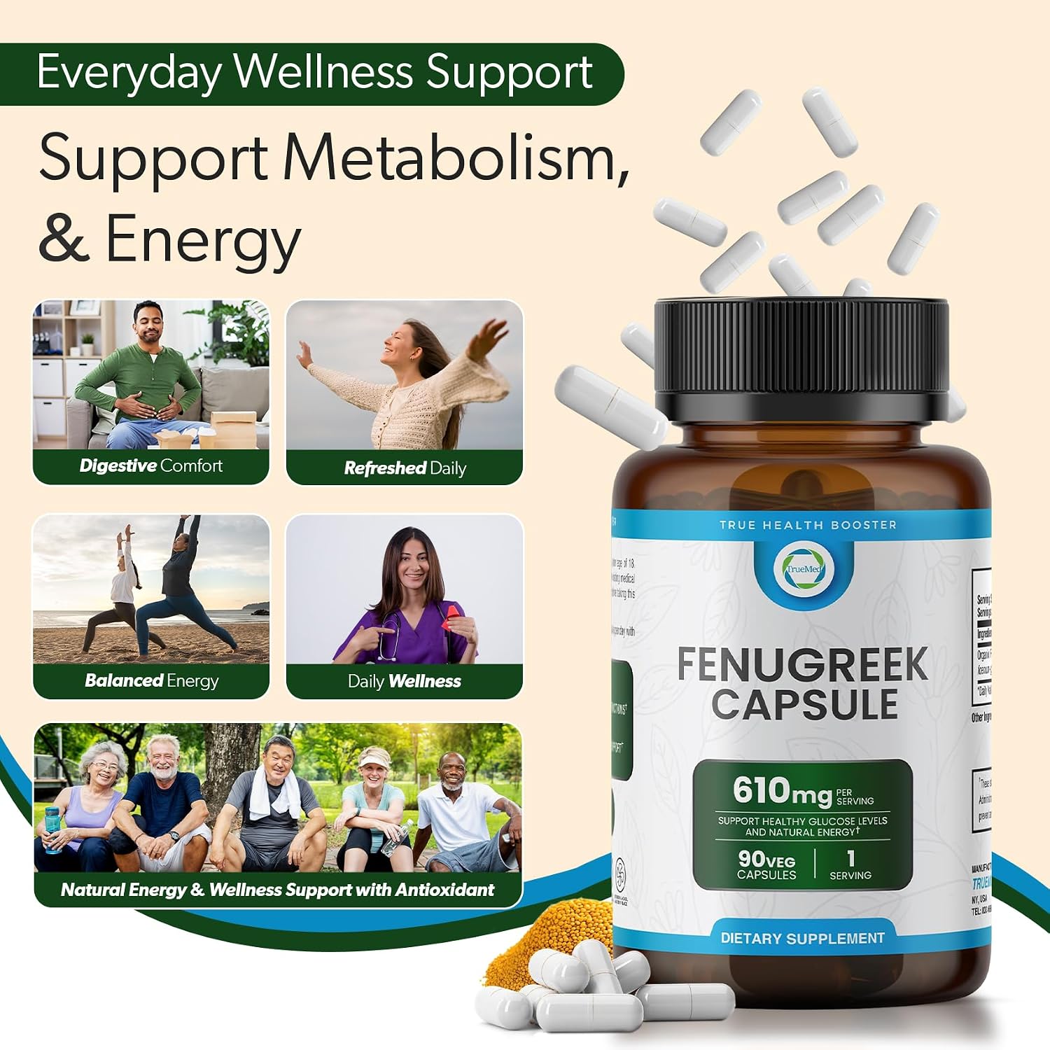 TRUEMED Cápsulas de Fenogreco Orgánico 610 mg – 90 Cápsulas Vegetales