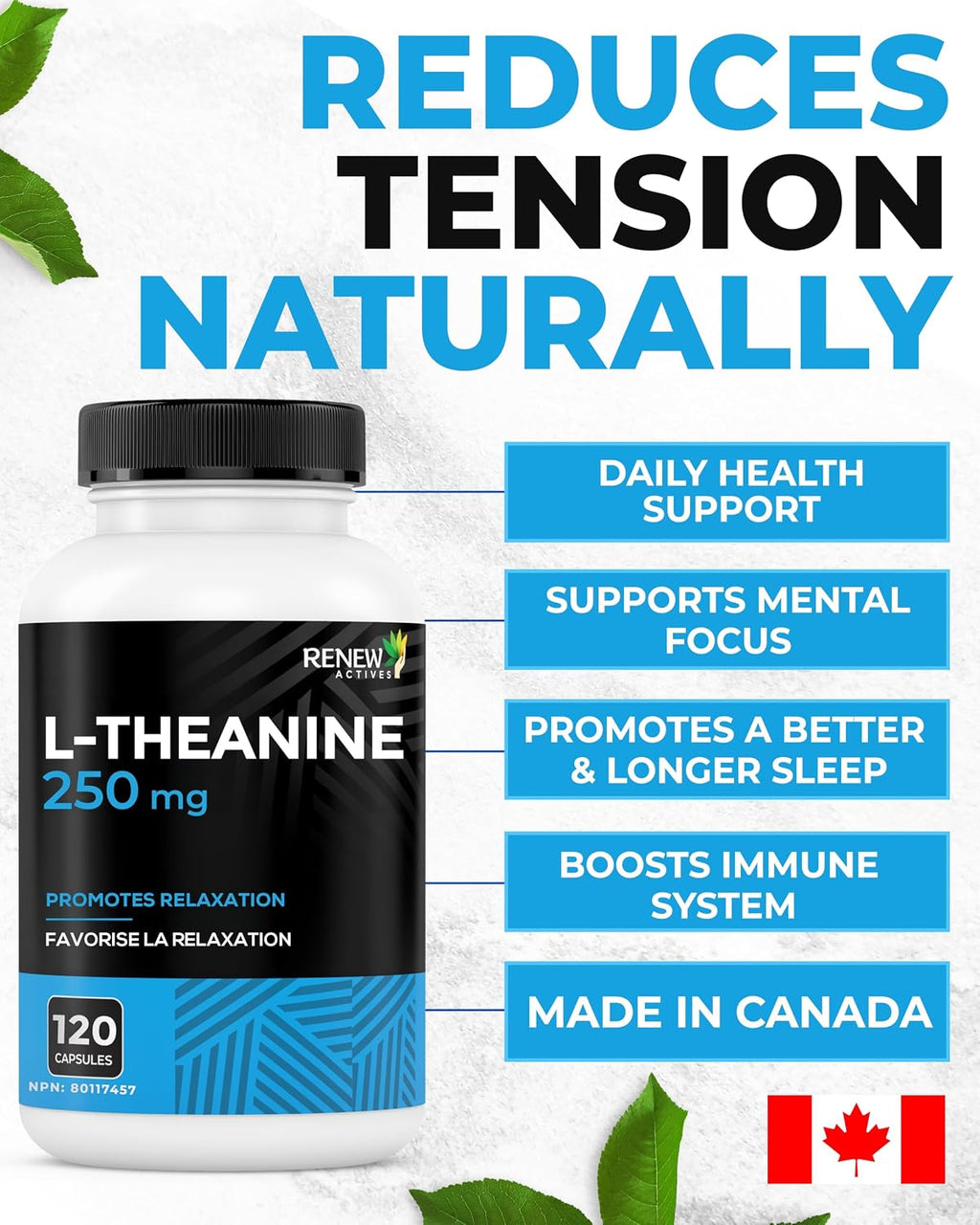 Renew Actives L-Teanina 250 mg – 120 Cápsulas para Relajación y Enfoque