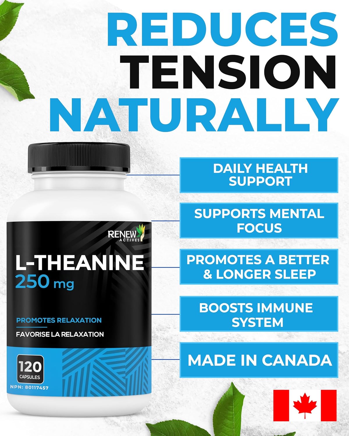 Renew Actives L-Teanina 250 mg – 120 Cápsulas para Relajación y Enfoque