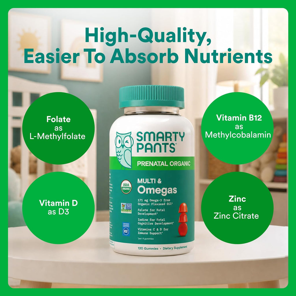 SmartyPants Vitaminas Prenatales Orgánicas para Mujeres, Gominolas Multivitamínicas: Biotina, Metilfolato, Omega 3 (ALA), Vitamina D3, C, Vitamina B12, B6, A, K2 y Zinc, Colina, Vegetariano, 120 unidades (Suministro para 30 días)