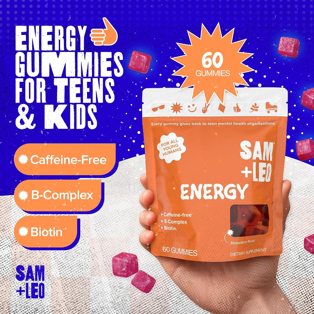 SAM+LEO Gominolas de Complejo B con Biotina para Niños y Adolescentes - Sin Cafeína - Sabor Fresa (60 uds)