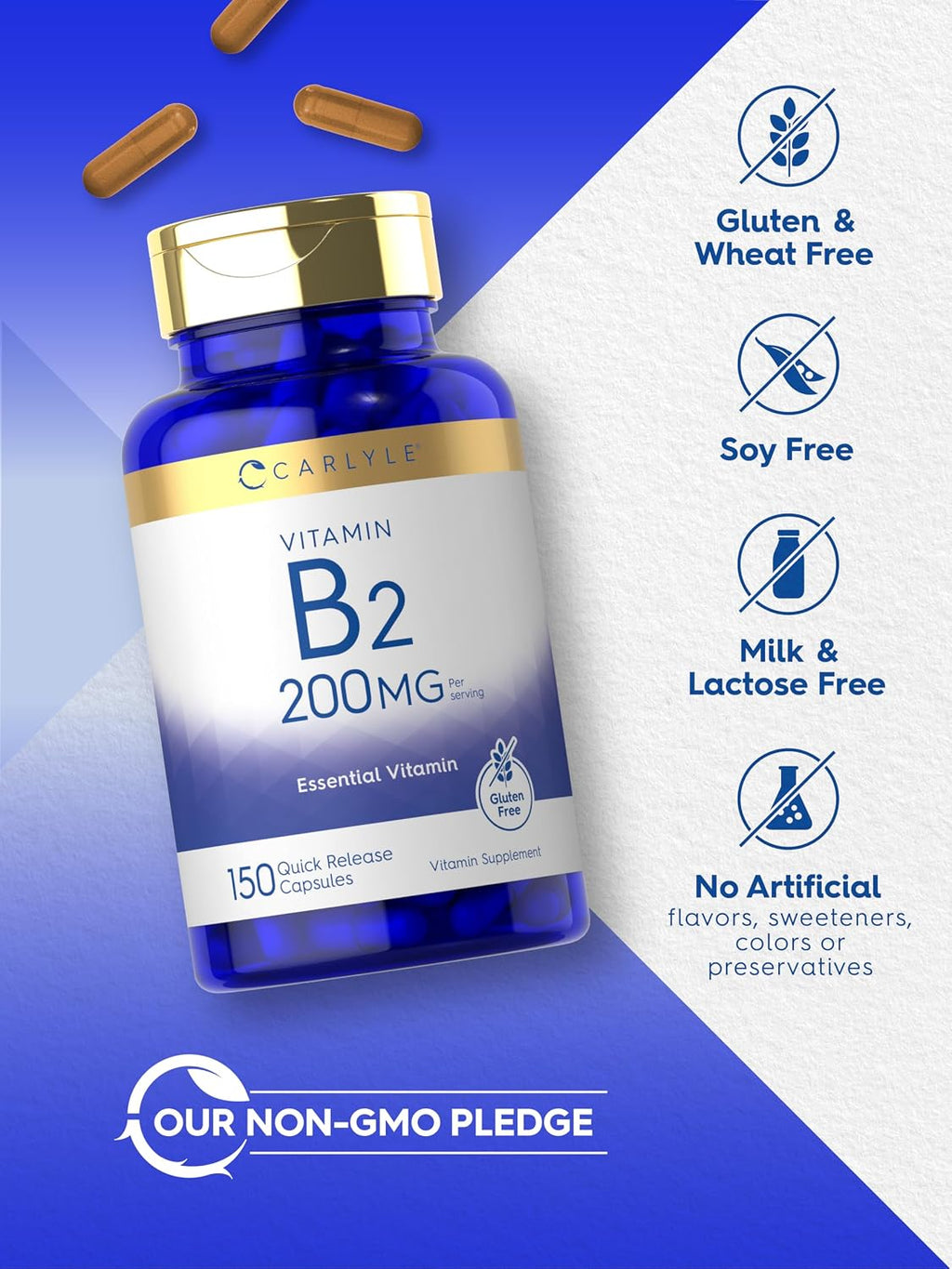 Carlyle Vitamina B2 200mg | 150 Cápsulas | Riboflavina | Sin OGM y Sin Gluten
