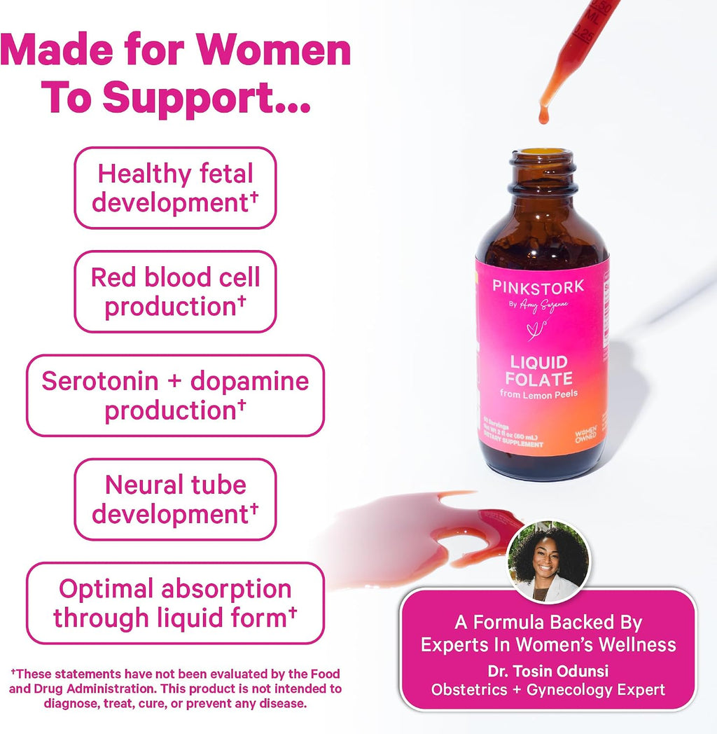 Pink Stork Gotas de Folato Líquido – Metilfolato 5-MTHF, Suplemento Prenatal Vegano (59 ml)