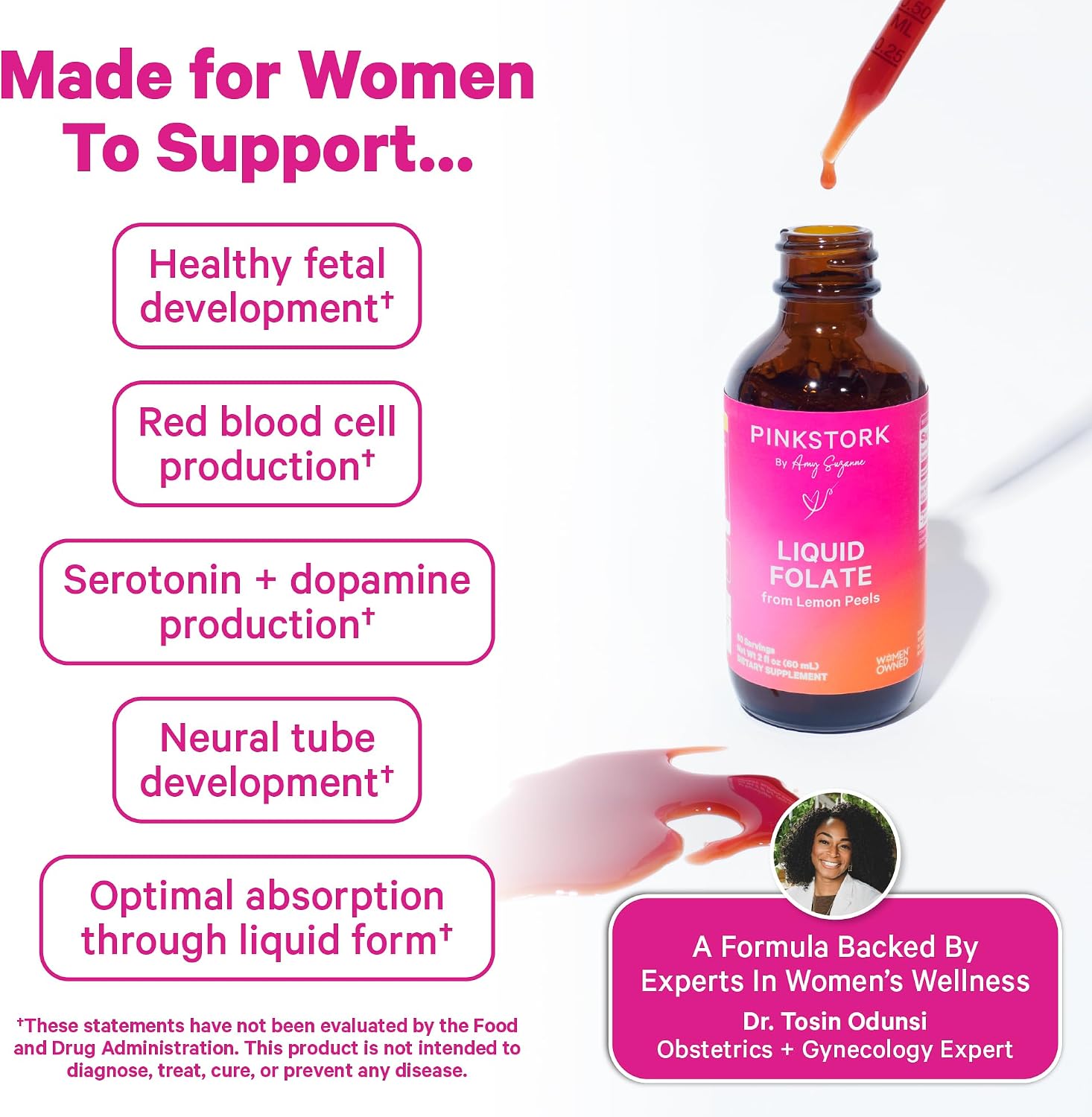 Pink Stork Gotas de Folato Líquido – Metilfolato 5-MTHF, Suplemento Prenatal Vegano (59 ml)