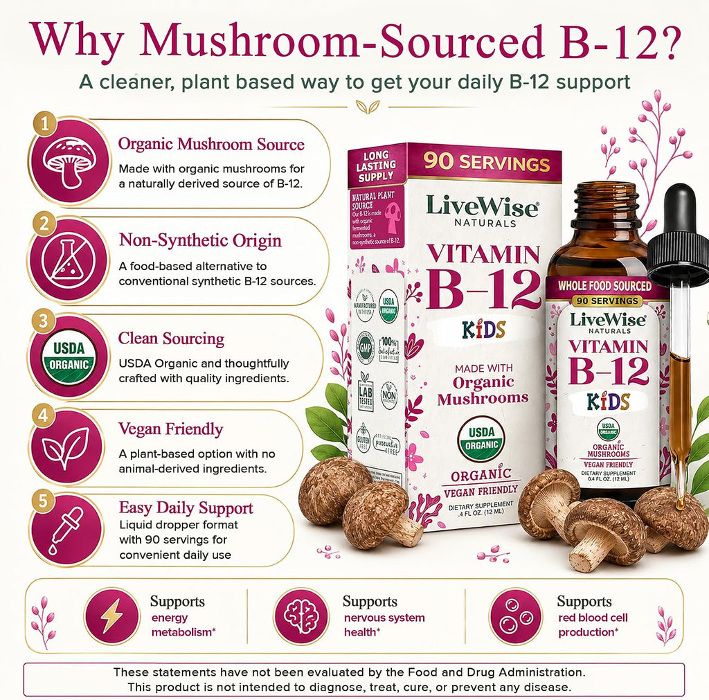 Live Wise Naturals Gotas de Vitamina B12 para Niños - 5mcg por 2 gotas - Vegano, Sin Gluten, No GMO