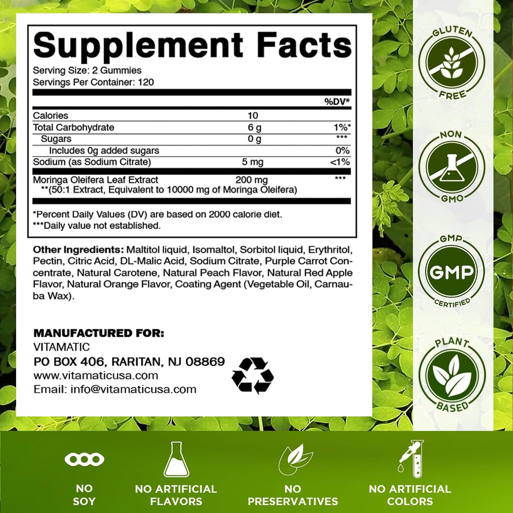Vitamatic Moringa Gummies – Sin Azúcar – Extracto 50:1 – Superalimento Verde – A base de Pectina – Vegano – No transgénico – 240 Gominolas