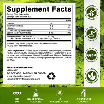 Vitamatic Moringa Gummies – Sin Azúcar – – El hierro contribuye a la formación normal de glóbulos rojos y de – Image 2