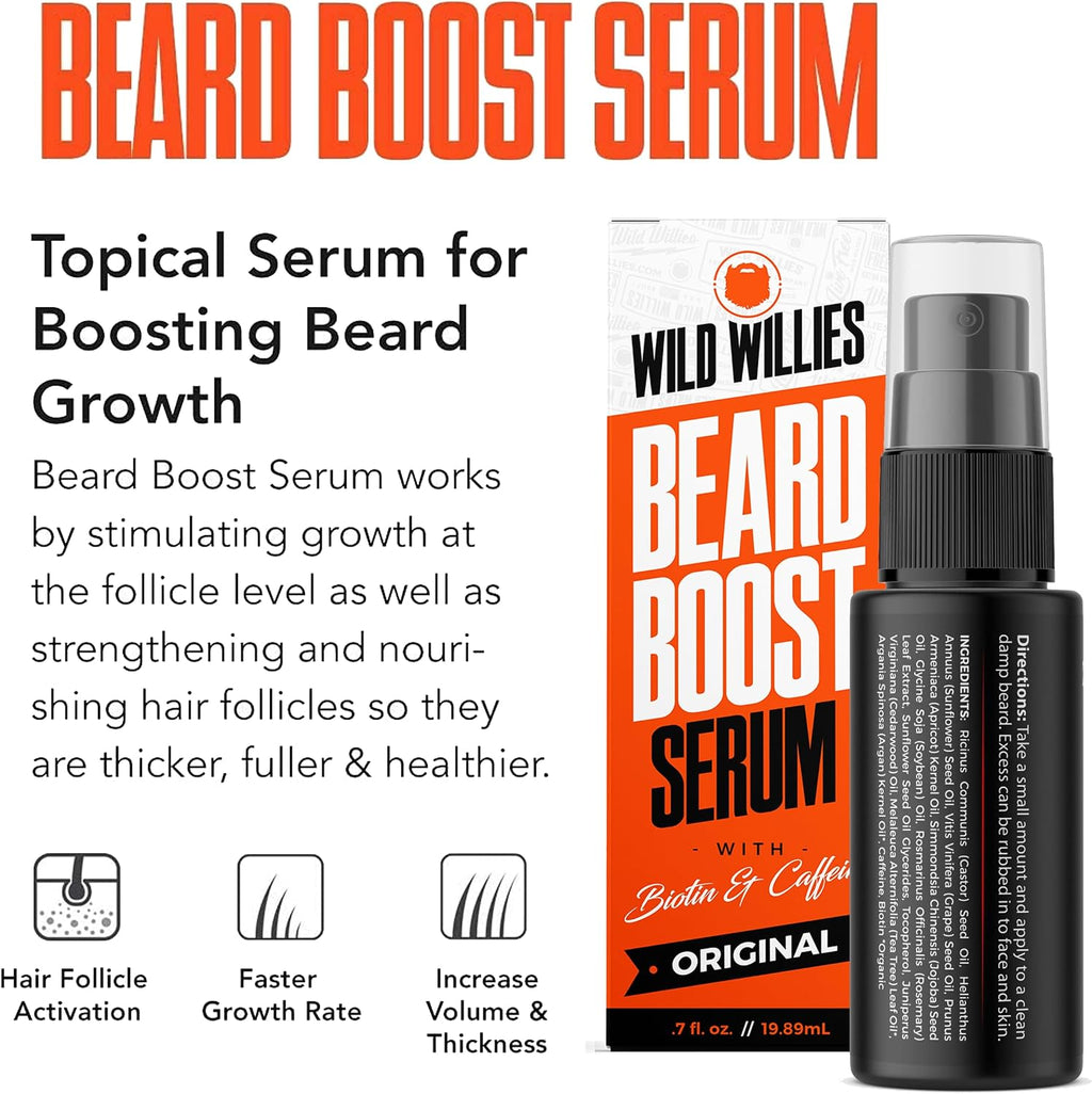 Kit de Crecimiento de Barba Wild Willies - Cápsulas y Sérum con Biotina y Cafeína - 60 Cápsulas