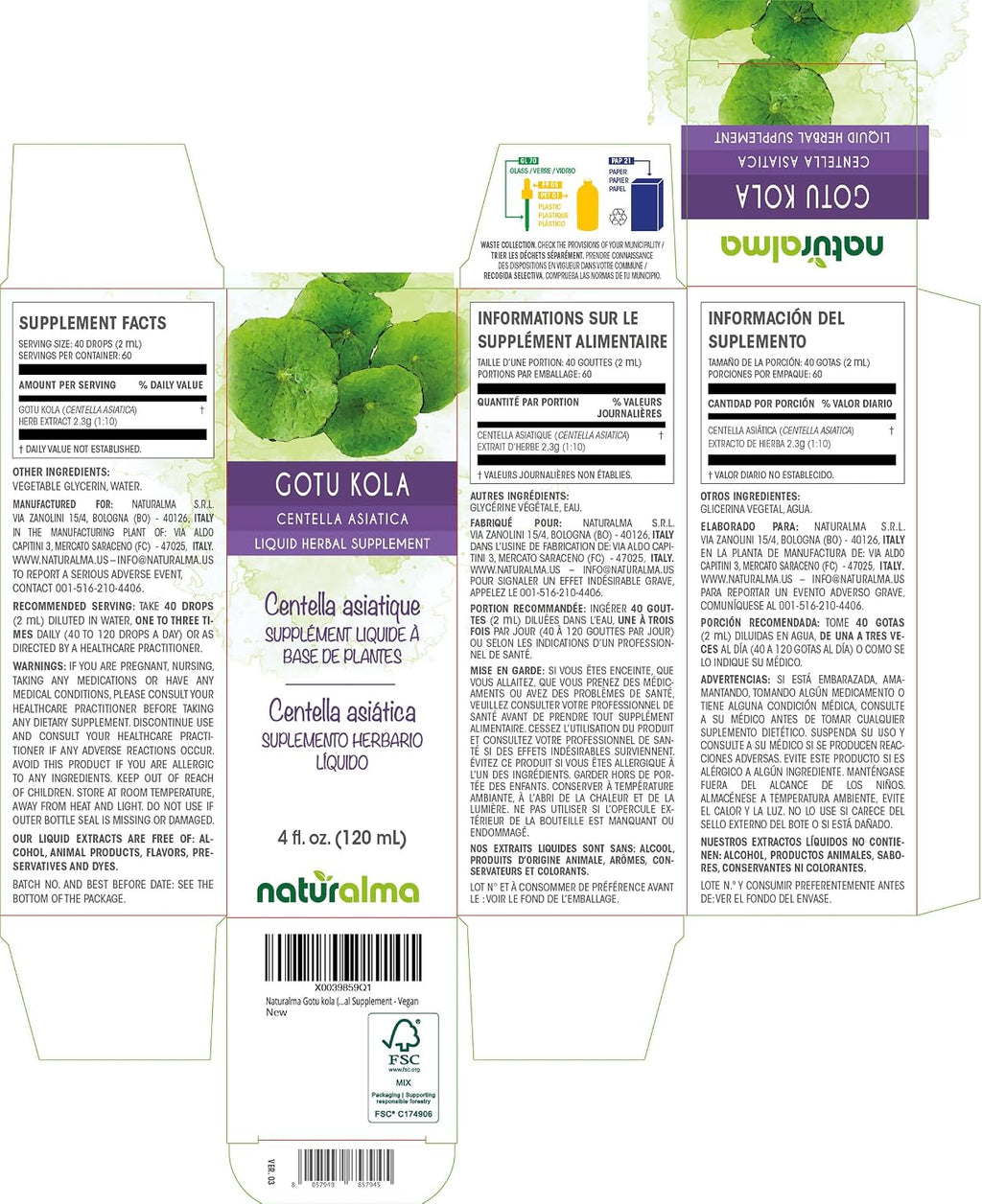 Naturalma Gotu kola (Centella asiatica) Extracto Líquido Sin Alcohol - 118 ml