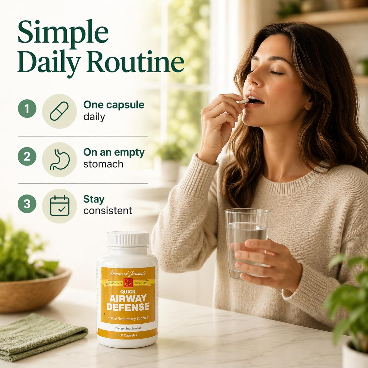 Bernard Jensen's Quick Airway Defense - 440 mg, 60 Cápsulas de Tapioca - Suplemento Herbal para el Apoyo Respiratorio