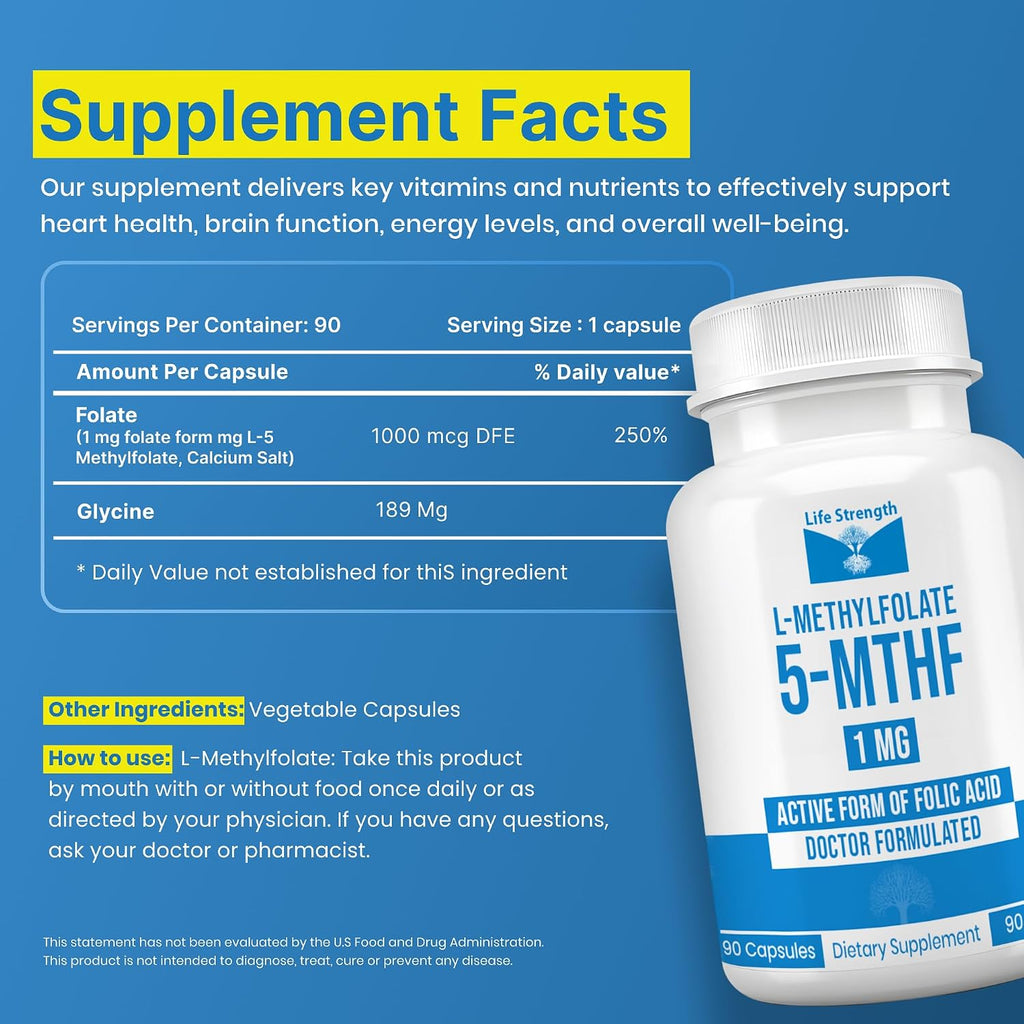 LifeStrength L-Metilfolato 1mg | 180 Cápsulas | Metilfolato Bioactivo 5-MTHF | Vegano, Sin Gluten
