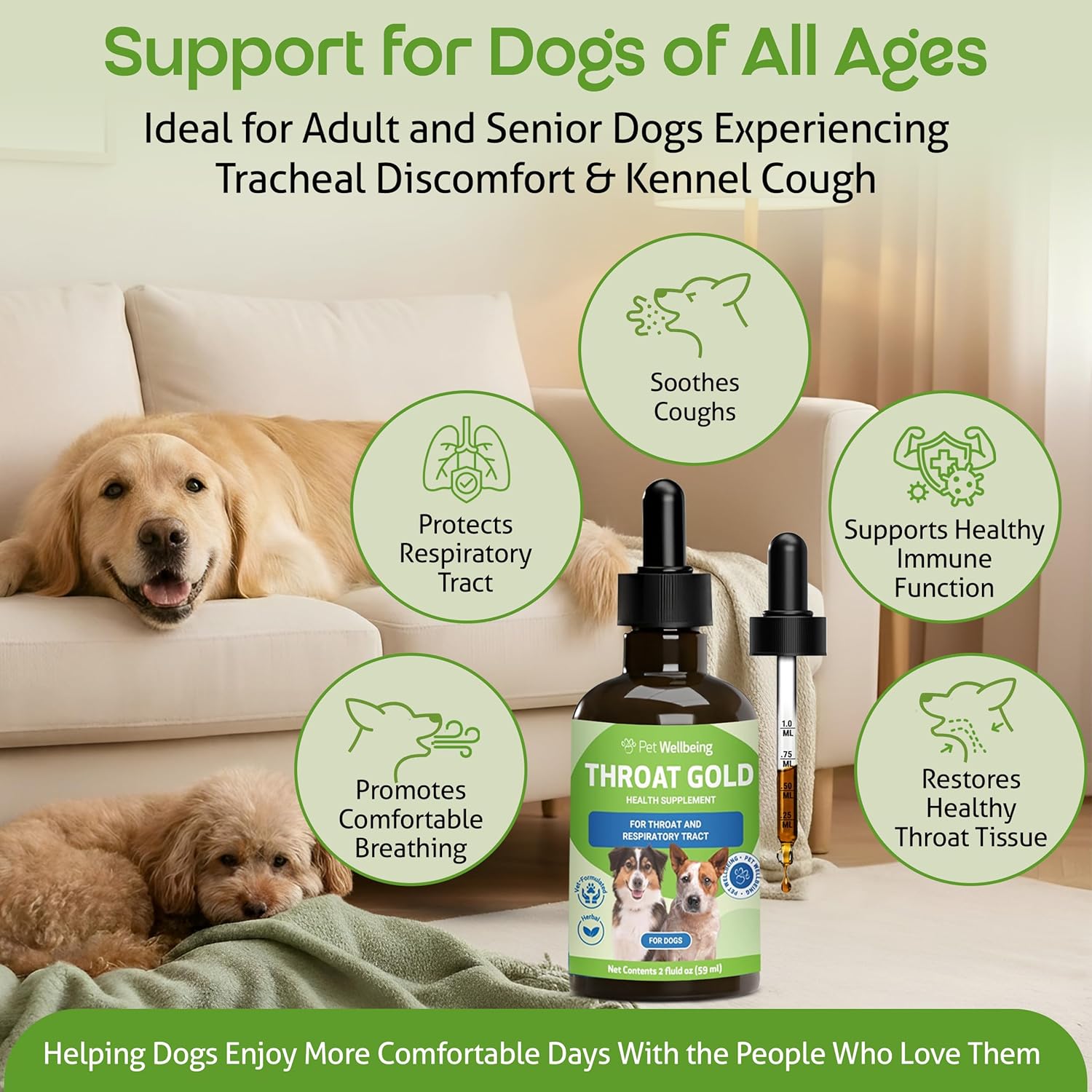 Pet Wellbeing Throat Gold para Perros – Fórmula Líquida con Gordolobo y Olmo Resbaladizo – 60 ml