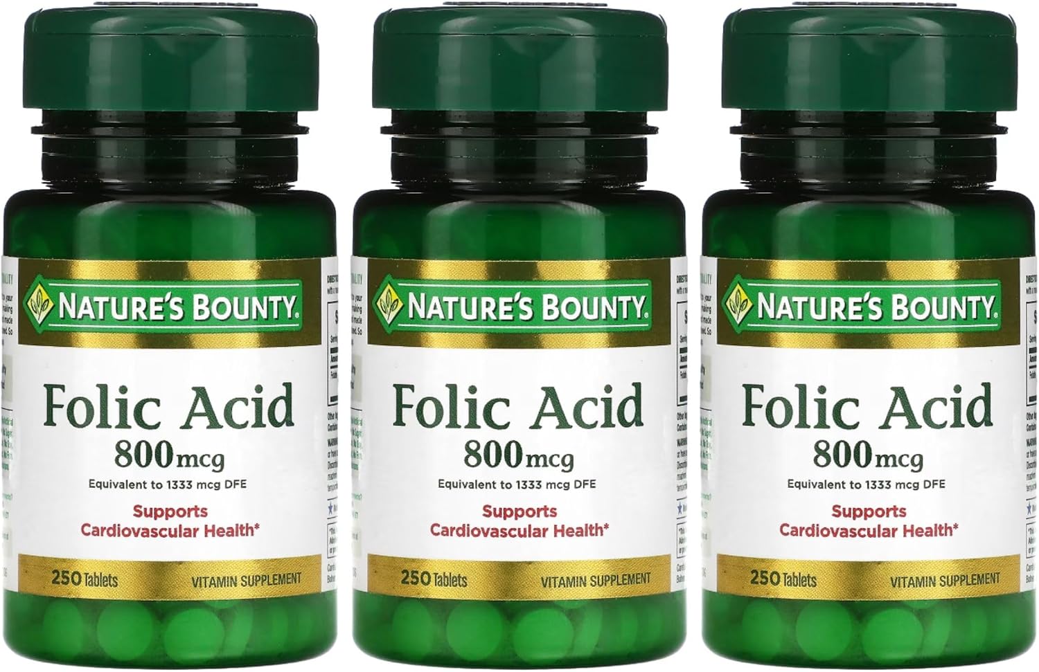 Ácido Fólico 800 mcg Máxima Potencia, 250 Comprimidos, 3 Frascos