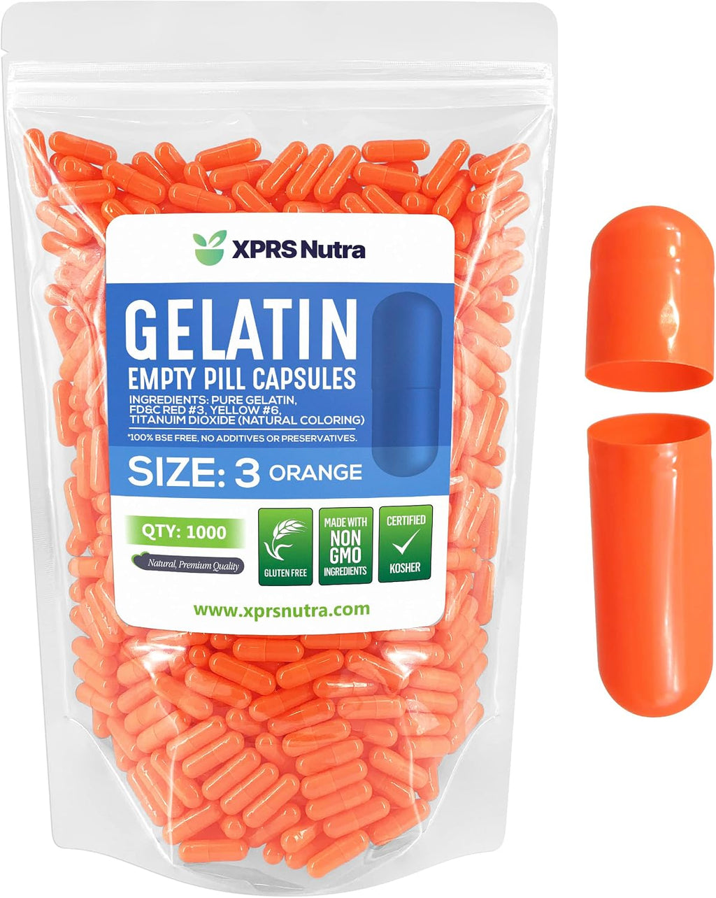 XPRS Nutra Cápsulas Vacías de Gelatina Tamaño 3 - 1000 Unidades (Naranja)