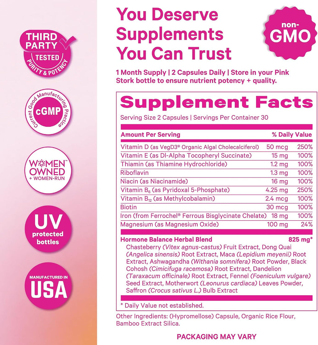 Pink Stork Hormone Balance Multivitamin for Women | Multivitamínico para Mujeres con Vitex, Ashwagandha y Magnesio | 60 Cápsulas Veganas