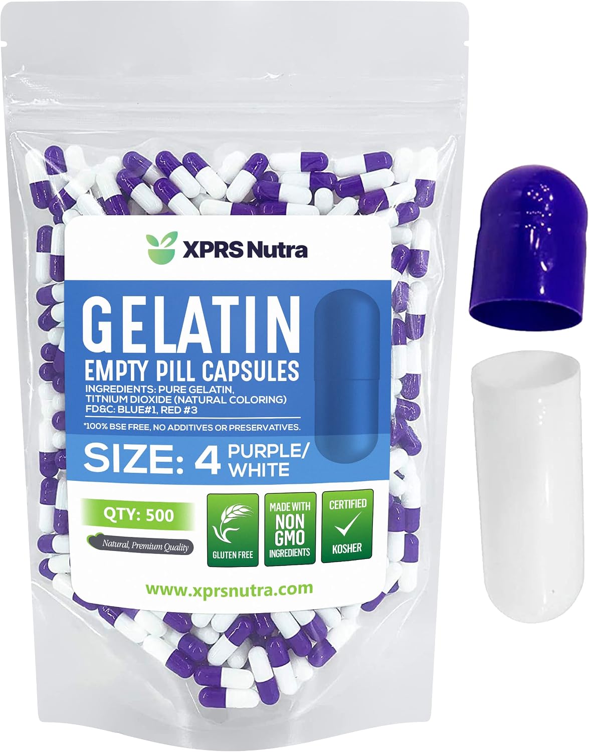 XPRS Nutra Cápsulas Vacías Tamaño 4 - 100 Unidades - Cápsulas de Gelatina Pequeñas para Rellenar - Cápsulas de Gelatina Bovina para Suplementos Caseros (Púrpura/Blanco)