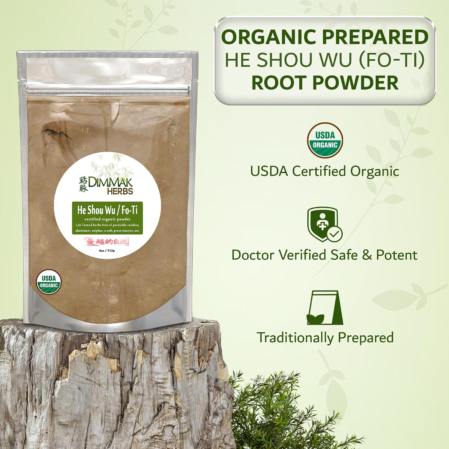 Polvo de He Shou Wu Orgánico Preparado (Raíz de Fo-Ti) - Tónico Tradicional de Frijol Negro para Cabello, Vitalidad y Jing - Polygonum Multiflorum Seguro y Potente (113g)