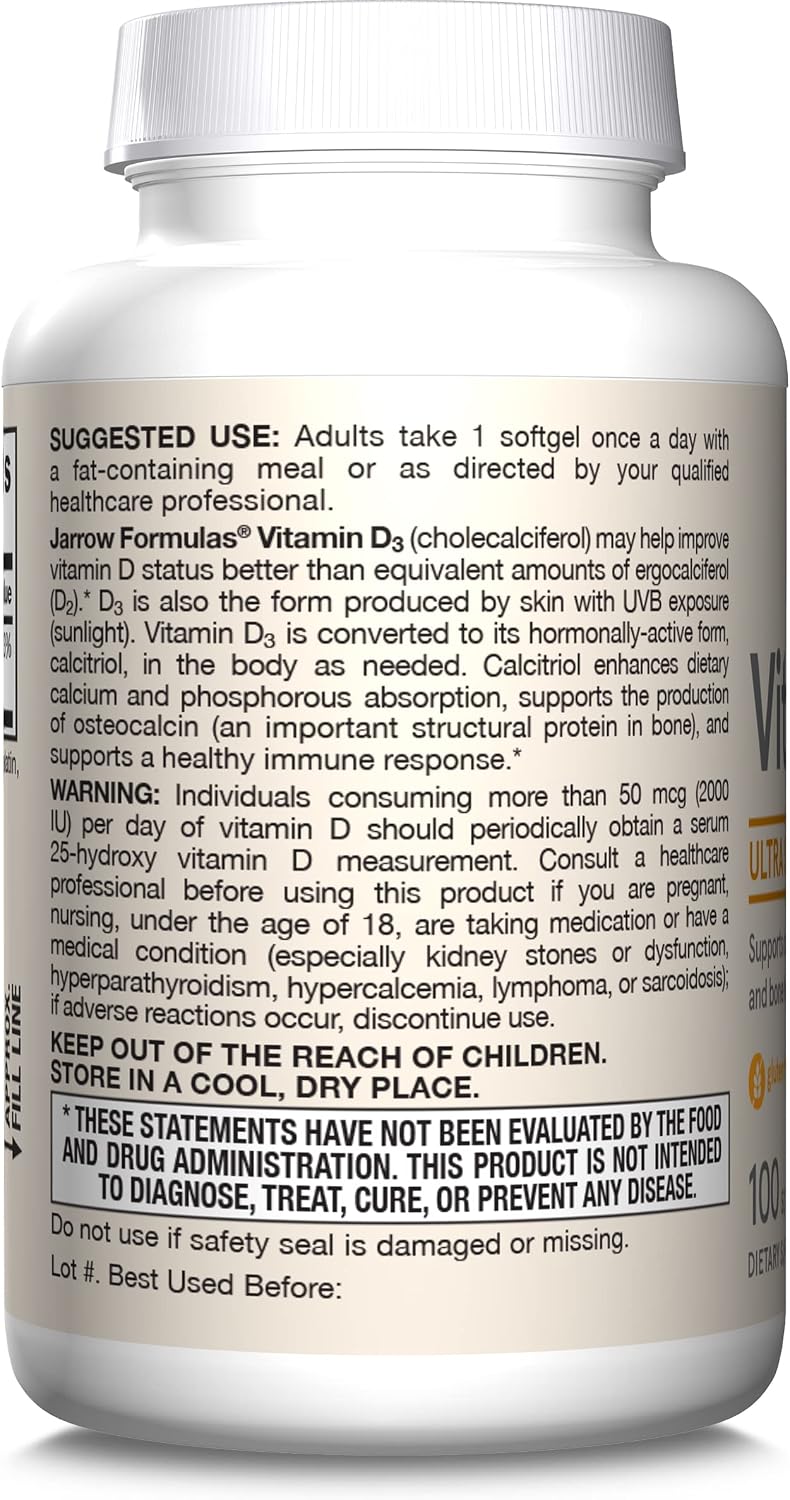Jarrow Formulas Vitamina D3 62.5 mcg (2,500 UI) - 100 Cápsulas Blandas - Salud Ósea y Apoyo Inmunológico - Sin Gluten