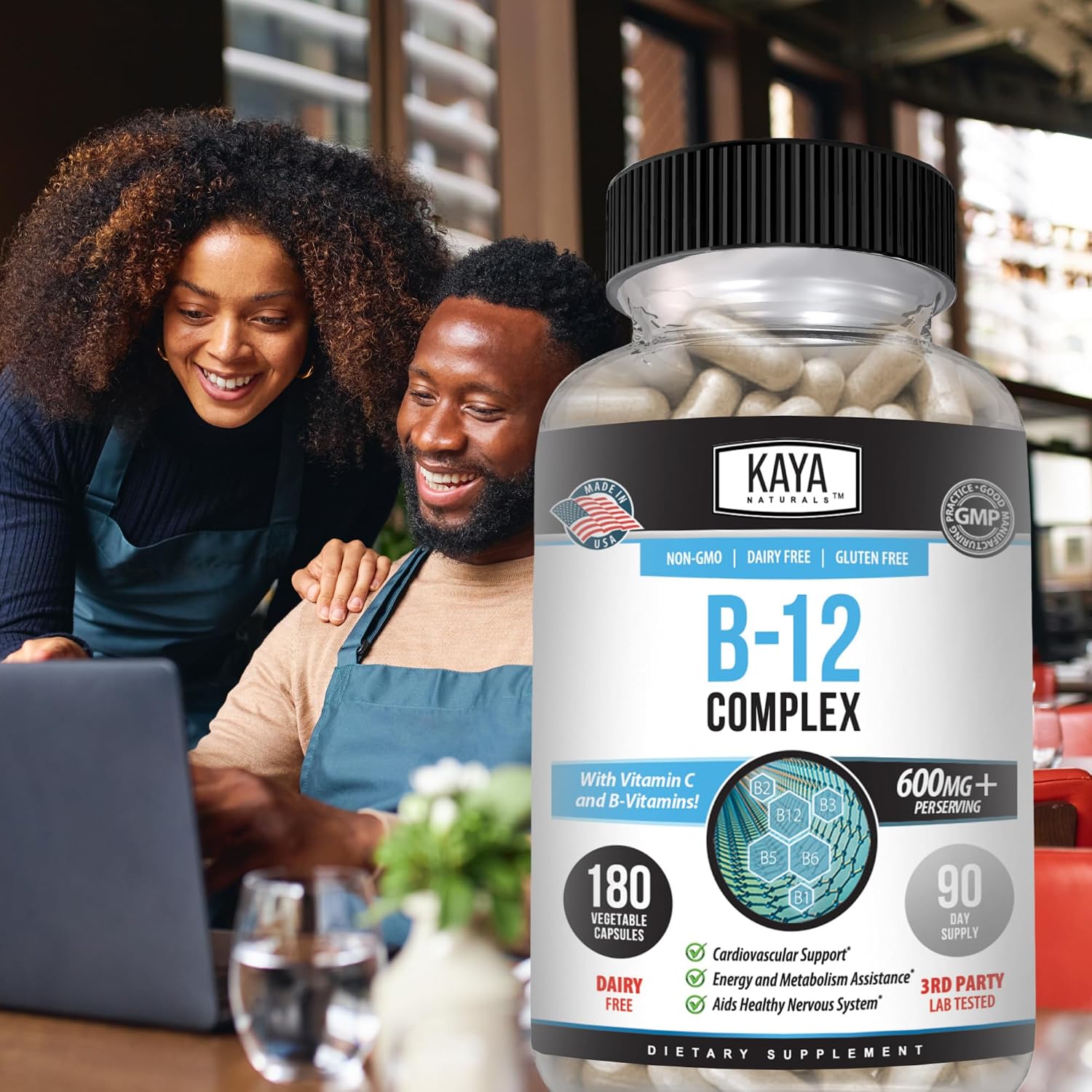 Kaya Naturals B-12 Complex | Multivitamínico para Mujeres y Hombres con Biotina, Colina, Inositol, Folato y Vitamina C - 180 Comprimidos