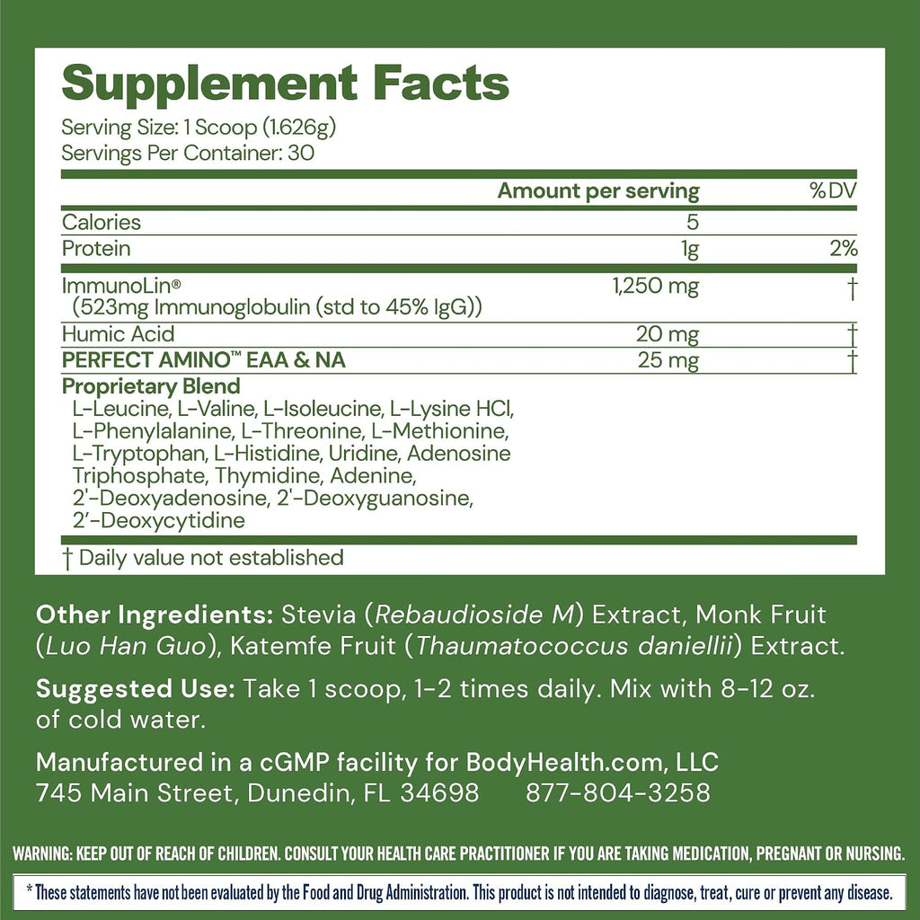 BodyHealth Gut Restore con PerfectAmino, ImmunoLin y Ácido Húmico - Suplemento para la Salud Digestiva e Inmune - Sin Sabor - 30 Dosis