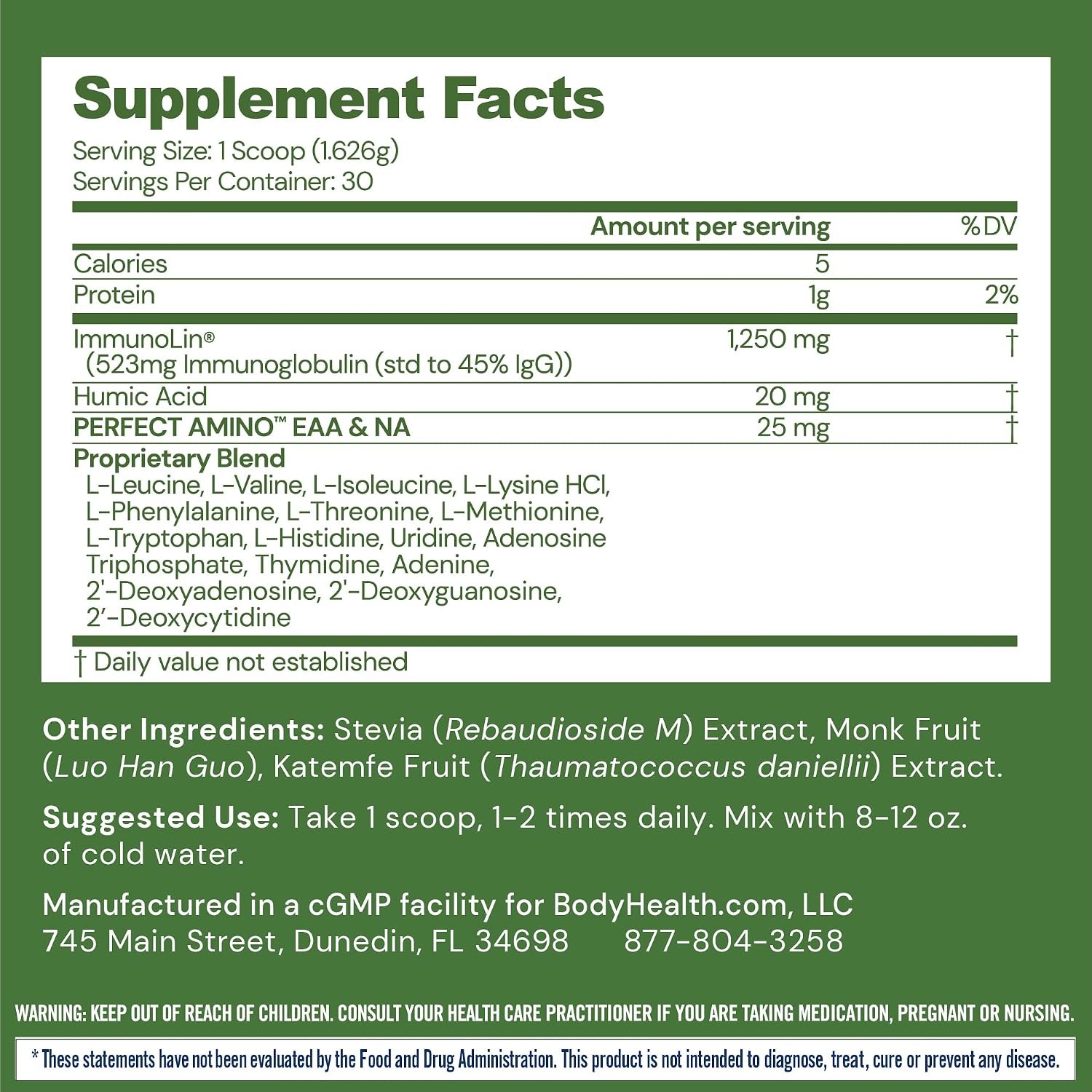 BodyHealth Gut Restore con PerfectAmino, ImmunoLin y Ácido Húmico - Suplemento para la Salud Digestiva e Inmune - Sin Sabor - 30 Dosis