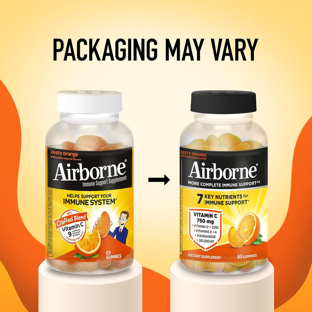 Airborne Immune Support Gummies, Orange Flavor, 63 Count – 750 mg Vitamin C + Vitamins A, D & E + Zinc, Selenium & Manganese | Herbal Blend | Natural Flavor