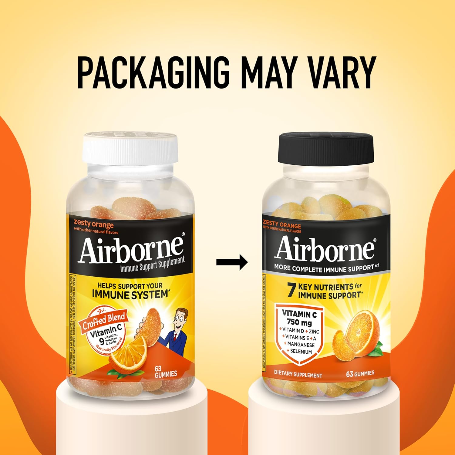 Airborne Immune Support Gummies, Orange Flavor, 63 Count – 750 mg Vitamin C + Vitamins A, D & E + Zinc, Selenium & Manganese | Herbal Blend | Natural Flavor