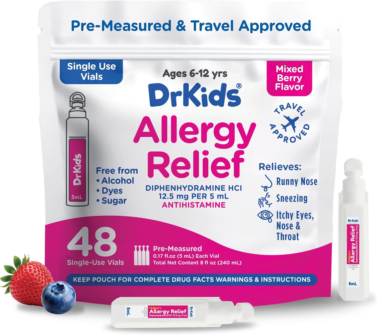 Dr. Kids Medicina Infantil para Alergias, Sabor Bayas Mixtas, 20 Viales Premedidos con Difenhidramina 12.5 mg
