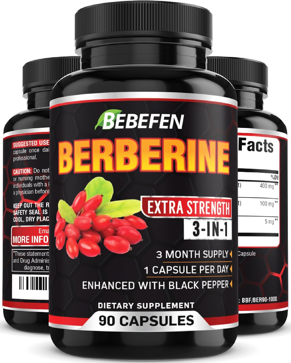 BEBEFEN Cápsulas de Berberina con Extracto de Pimienta Negra - 90 Cápsulas - Suministro para 3 Meses