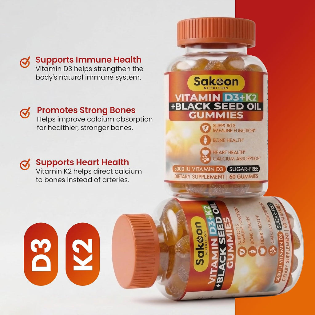 Sakoon Vitamin D3 K2 Gummies 5000 UI con Aceite de Semilla Negra para Mujer y Hombre