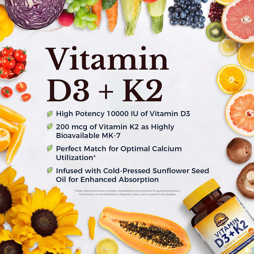 Vitalitown Vitamina D3 K2, 10000 UI D3 + 200 mcg K2 (MK-7), 300 Cápsulas Blandas