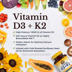 Vitalitown Suplemento de Vitamina D3 K2, 10000 UI de Vitamina D3 y 200 mcg de Vitamina K2 (MK-7), 90 Cápsulas Blandas (Pack de 2), No-GMO, Sin Gluten y Soja, para la Salud de Huesos, Dientes, Inmunidad y Corazón