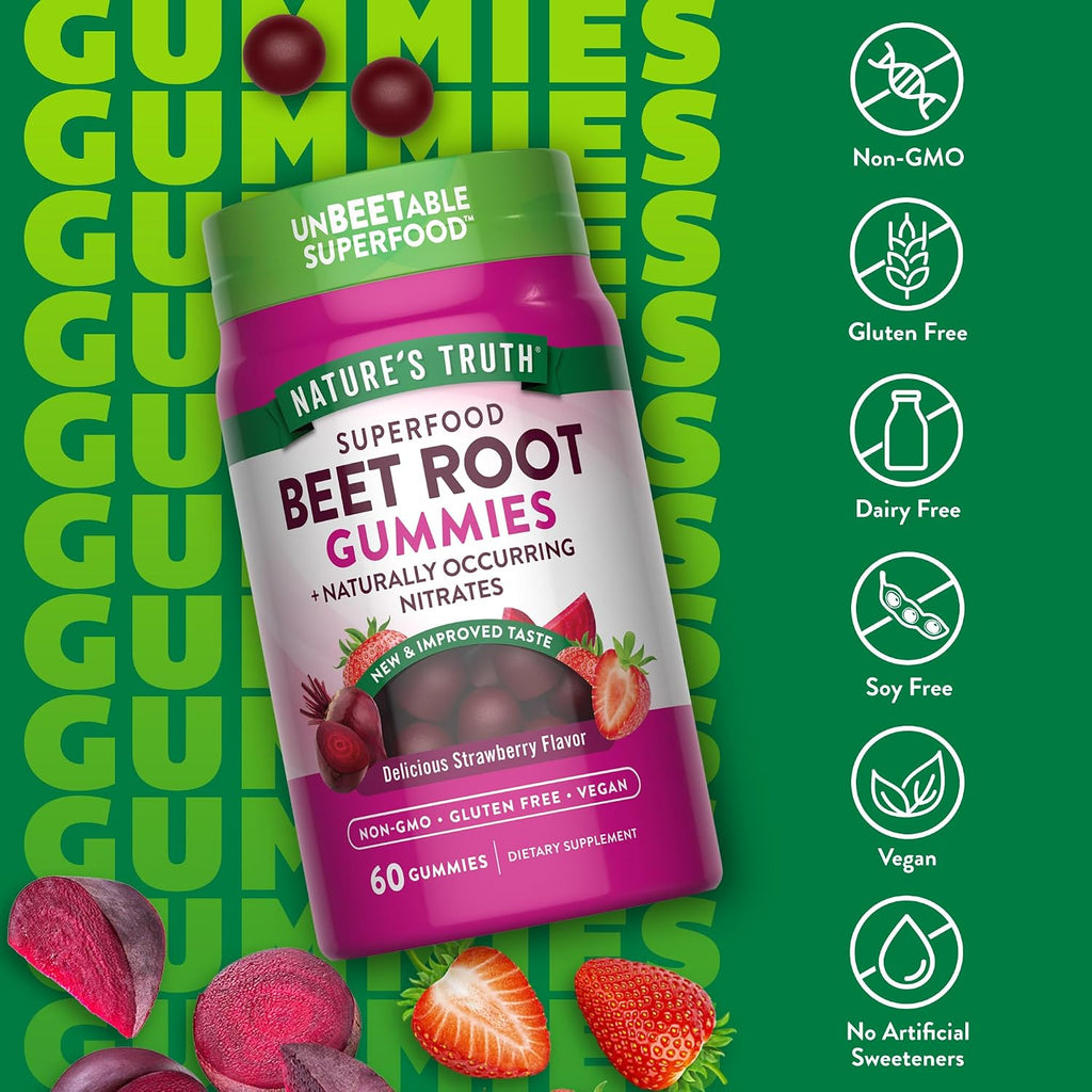 Nature's Truth Gominolas de Remolacha con Pimienta Negra - 60 Gominolas Sabor Fresa - Vegano, Sin Gluten, No OGM