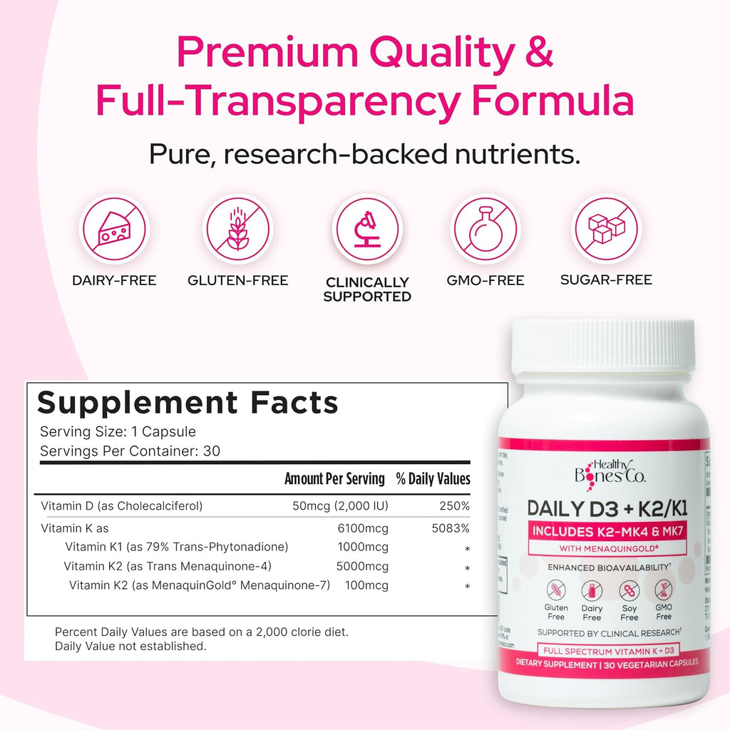 Premium D3 K2 Completo: Vitamina D3 2000 UI + K1 + K2 (MK-4 y MK-7) - 30 Cápsulas