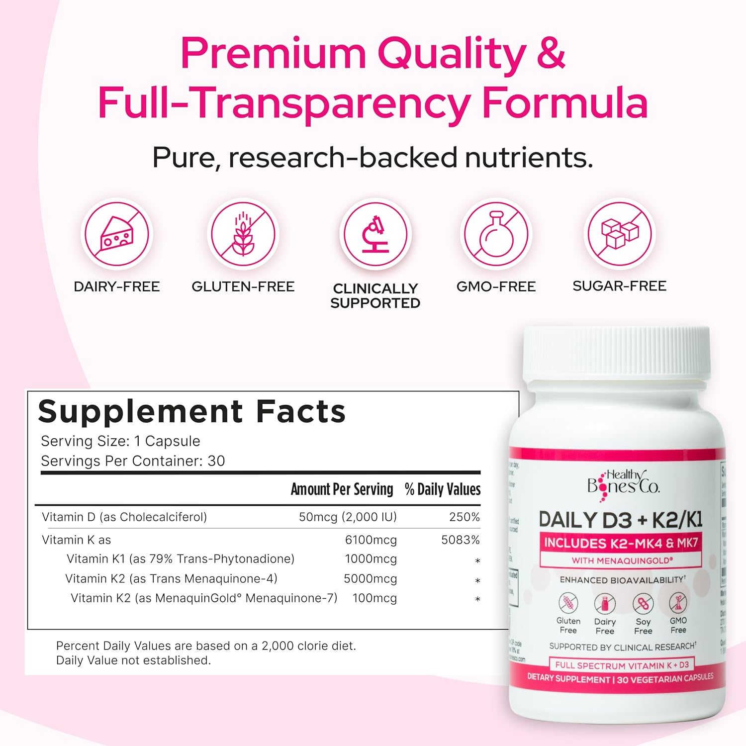 Premium D3 K2 Completo: Vitamina D3 2000 UI + K1 + K2 (MK-4 y MK-7) - 30 Cápsulas