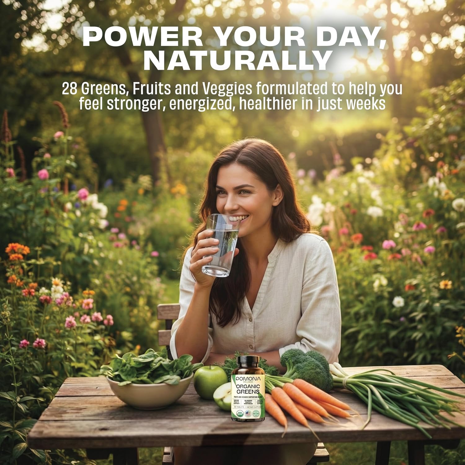 Pomona Wellness Super Greens Suplemento, 28 Superalimentos Orgánicos, Vitaminas y Minerales, Frutas y Verduras, Para la Digestión y Salud Intestinal, USDA Orgánico, No-GMO, 60 Comprimidos
