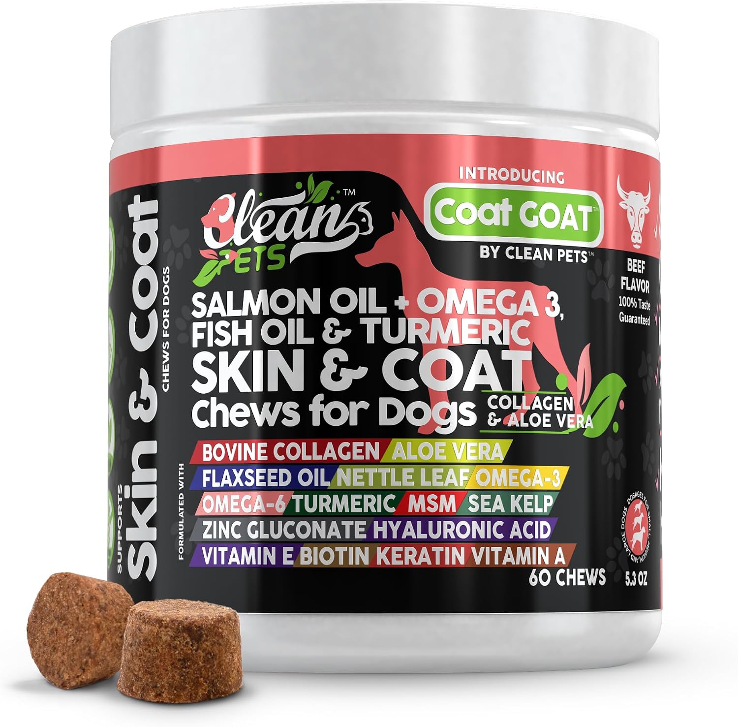 Clean Pets Aceite de Salmón Omega 3 para Perros con Colágeno, Aloe Vera, Biotina y Queratina - Suplemento para Piel y Pelaje