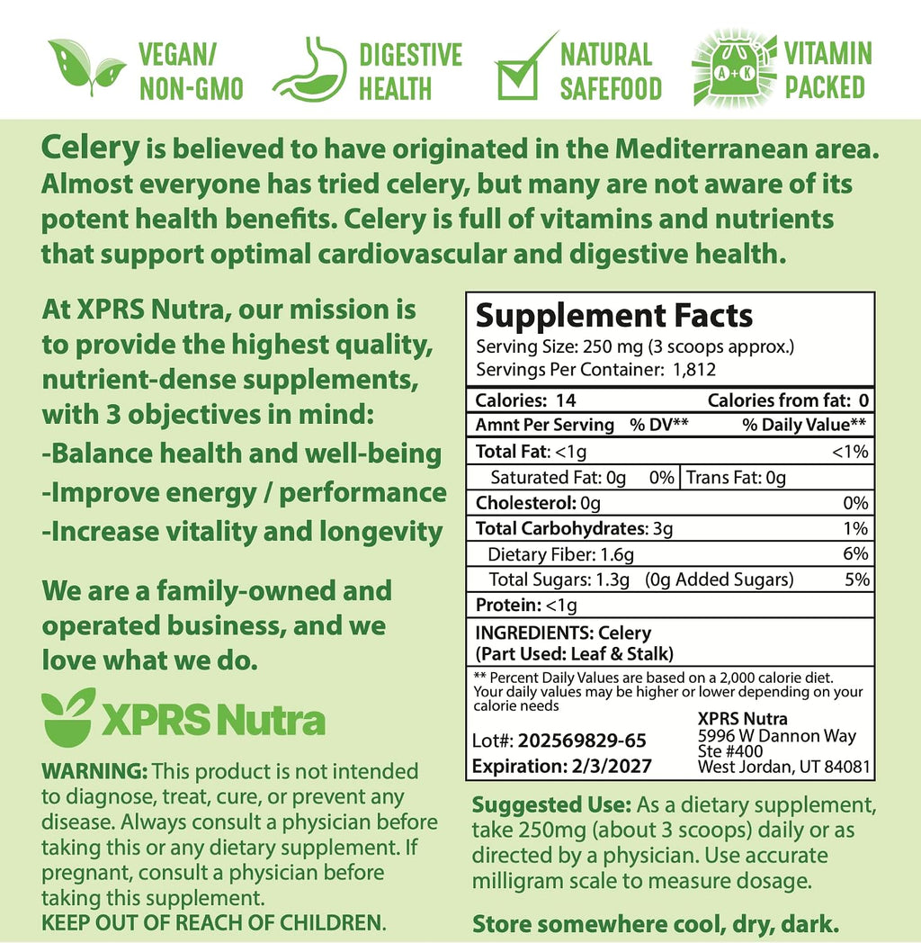 XPRS Nutra Celery Powder - Polvo de Apio Fresco - Antioxidante - Vegano (453 g)